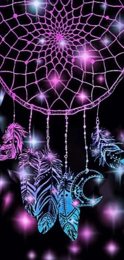 Neon dreamcatcher with pink and blue glow.