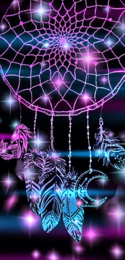 Purple neon dreamcatcher with feathers glowing in vibrant colors.