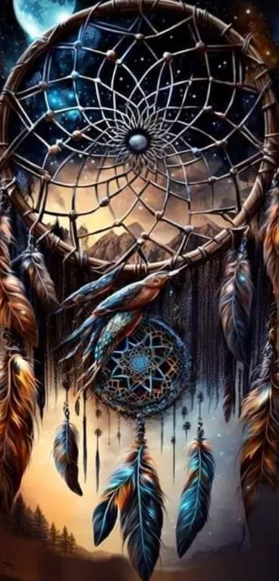 Dreamcatcher with feathers against a starry night sky.