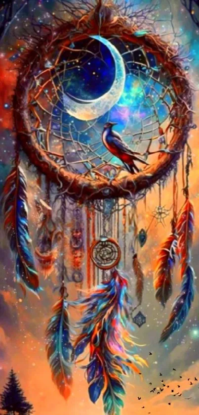 Dreamcatcher with bird against a cosmic starry night backdrop.