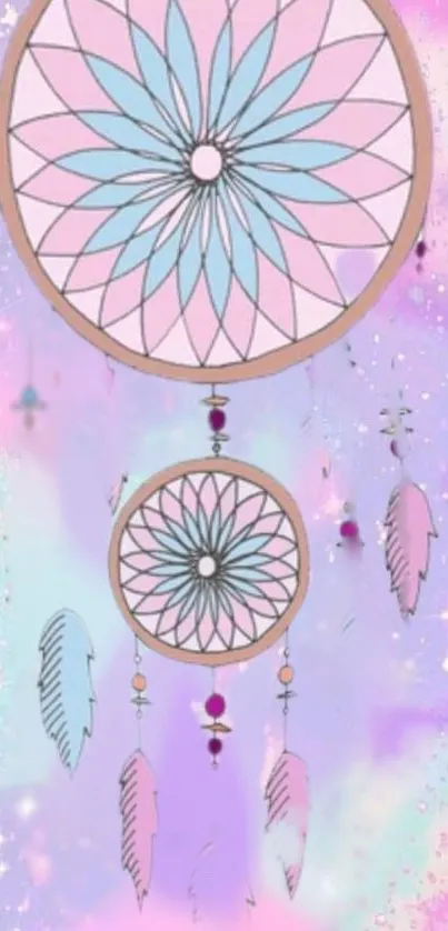 Dreamcatcher with pastel hues and feathers in a whimsical design.