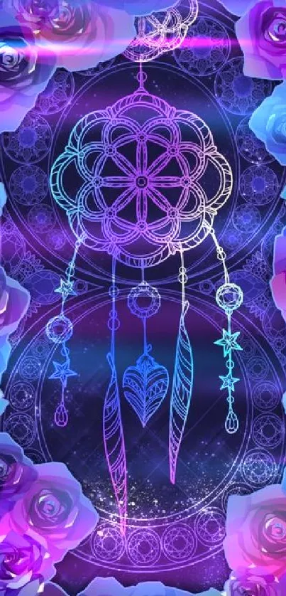 Vibrant dreamcatcher with purple roses wallpaper.