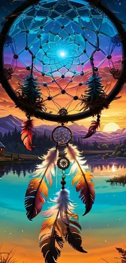Dreamcatcher over lake at sunset with vivid colors and serene atmosphere.