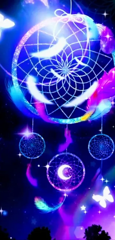 Glowing dreamcatcher with vibrant feathers in a starry night sky background.