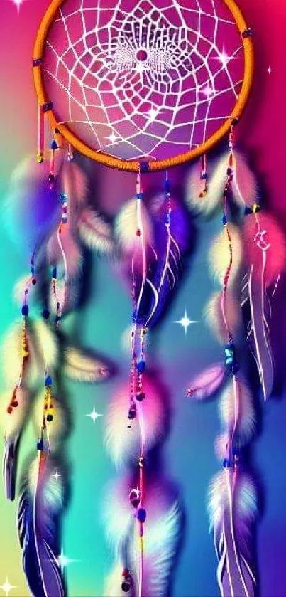 Colorful dreamcatcher wallpaper with feathers and vivid gradient background.