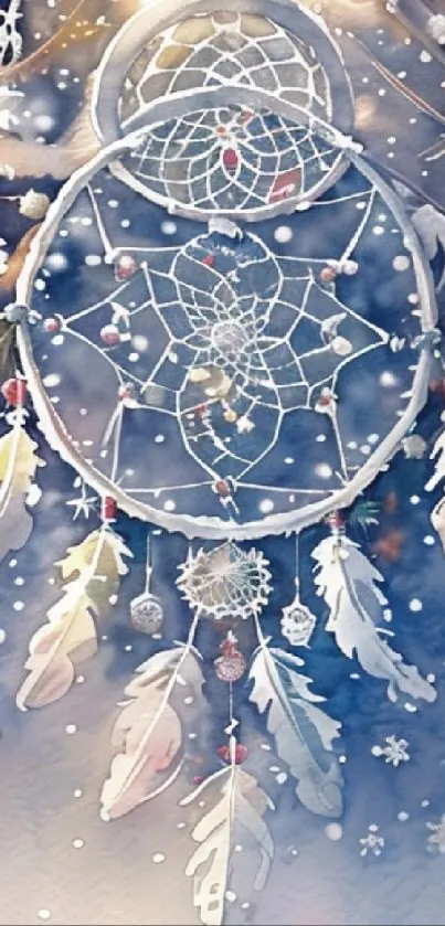 Dreamcatcher with snowy feathers against a winter night background.