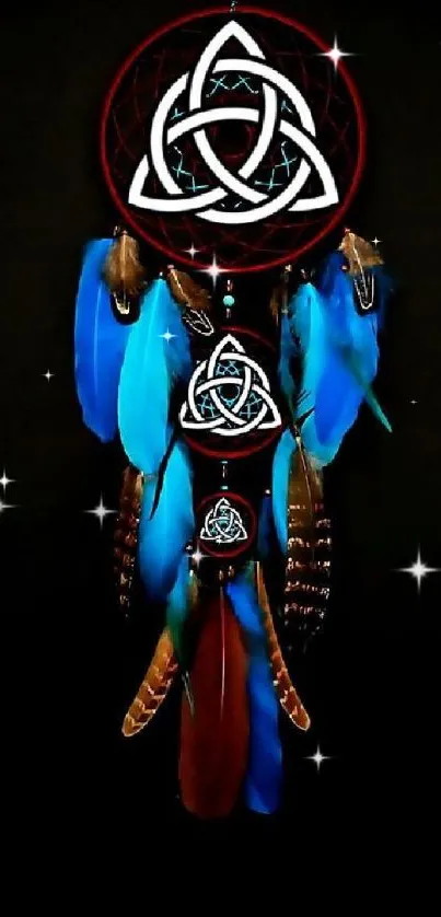 Dreamcatcher with blue feathers on a dark background.