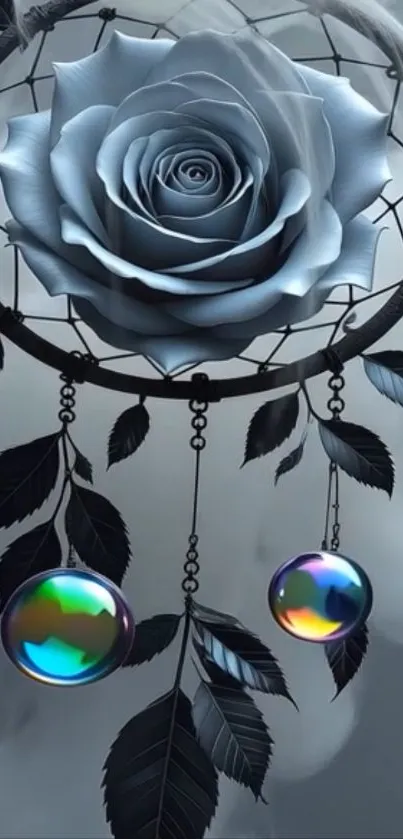 Dreamcatcher with a blue rose and leaves.