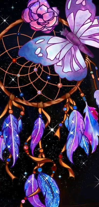 Dreamcatcher with butterfly in purple hues on a starry backdrop.