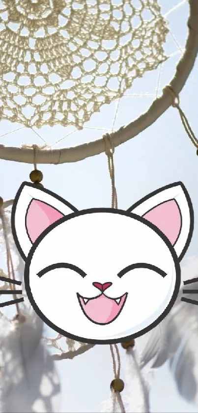 Dreamcatcher with cartoon cat hanging in the sky.