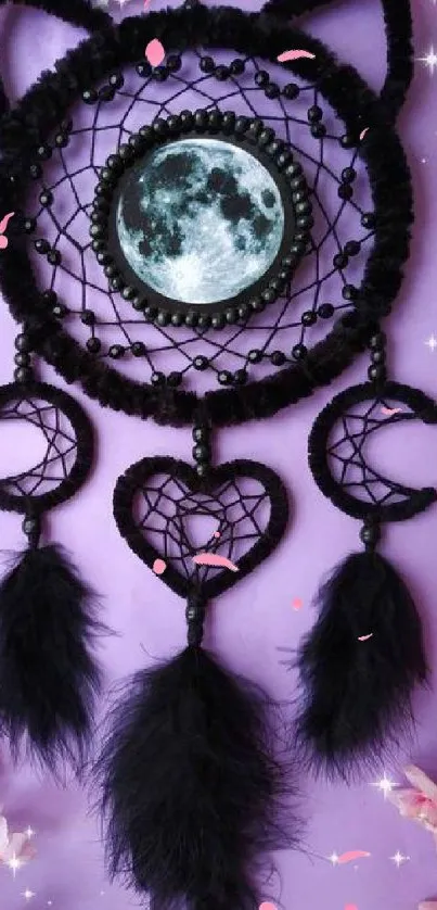 Lavender dreamcatcher wallpaper with black feathers and floral accents.