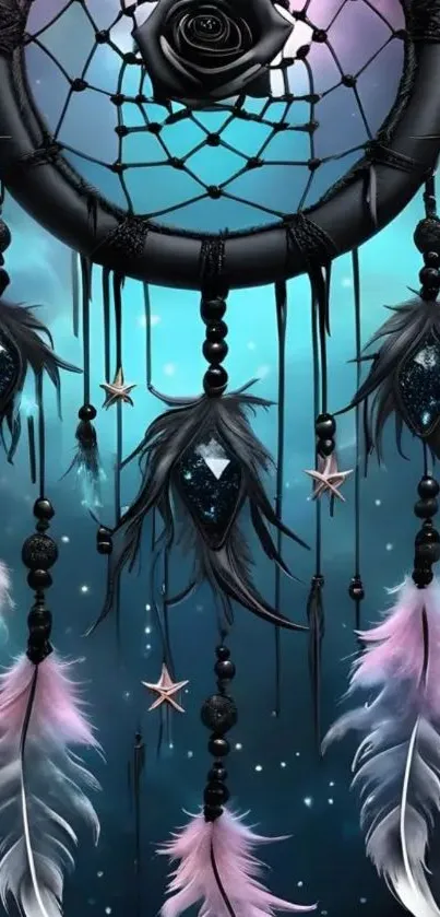 Dreamcatcher with feathers against starry sky background.
