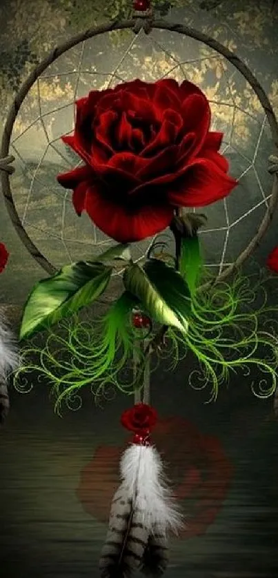 Dreamcatcher mobile wallpaper with red rose and mystical forest background.