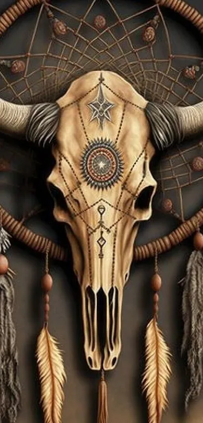 Decorative dreamcatcher with skull and feathers.