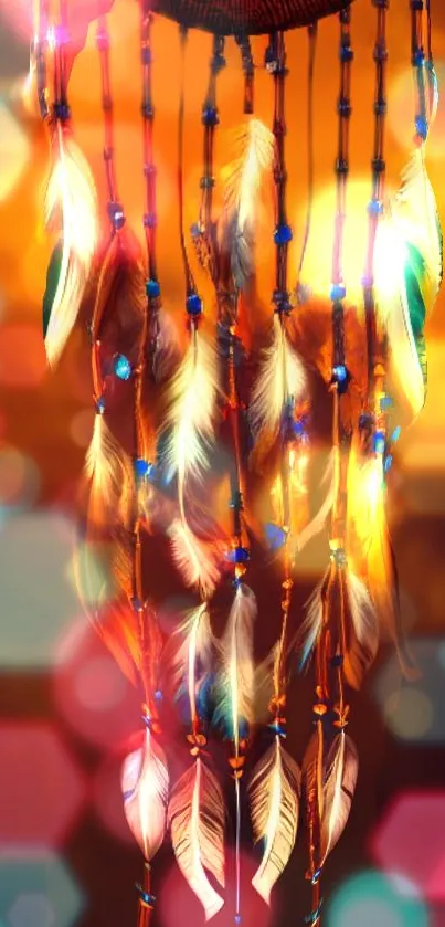 Dreamcatcher with vibrant feathers and glowing bokeh lights.