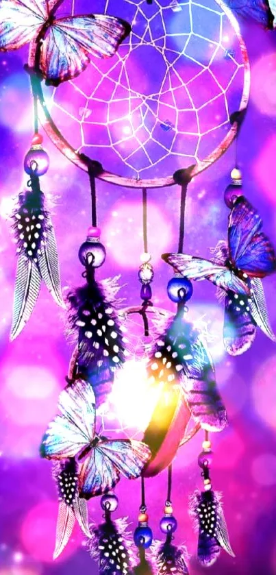 Dreamcatcher with butterflies on a vibrant purple background.