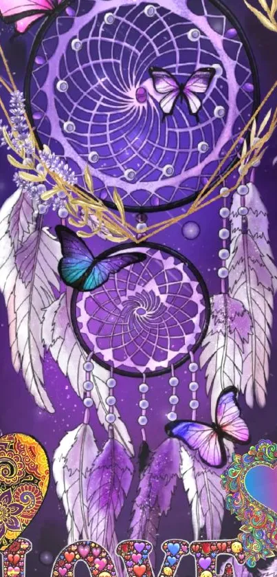 Dreamcatcher with butterflies on a purple background.