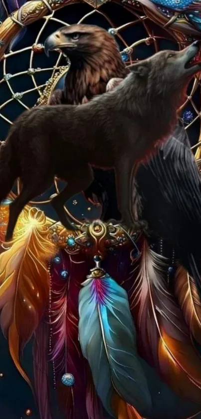 Dreamcatcher with wolf and eagle mobile wallpaper.