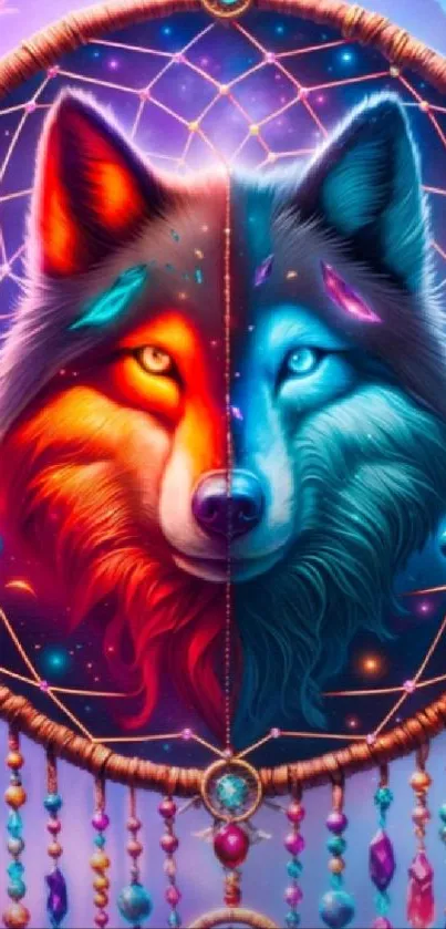 Dual color wolf dreamcatcher with cosmic background.