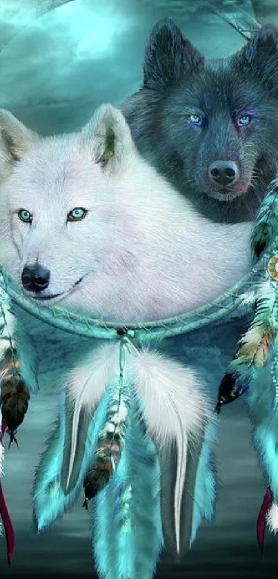 Two wolves in a dreamcatcher with turquoise feathers.