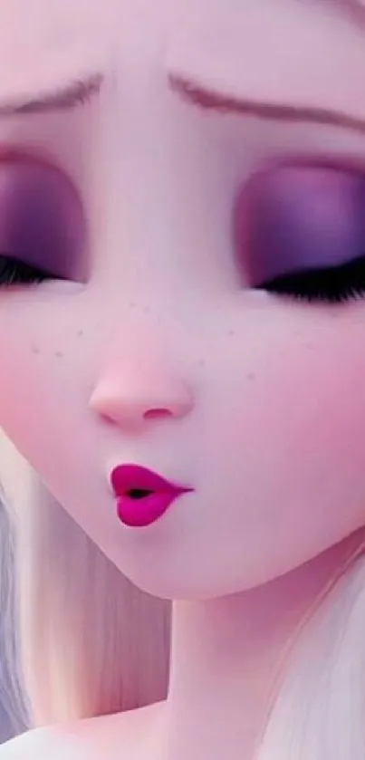 Close-up of a dreamlike animated character with purple eyeshadow and pink lips.