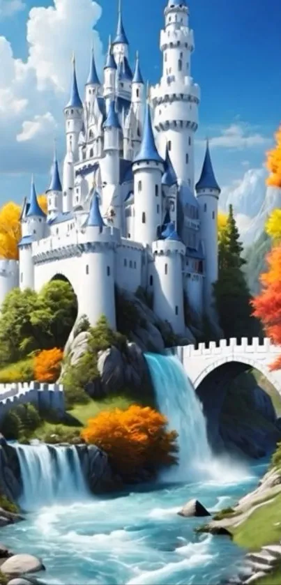 A majestic castle by a waterfall with vibrant autumn trees.