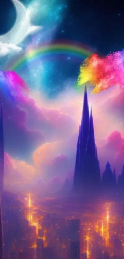 Dreamlike cityscape with rainbow and moon in vibrant colors.