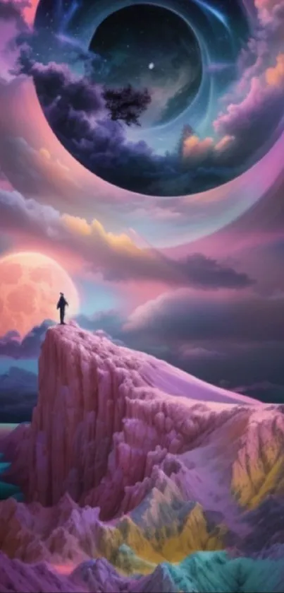 Surreal landscape with a lone figure on a mystical peak under cosmic skies.