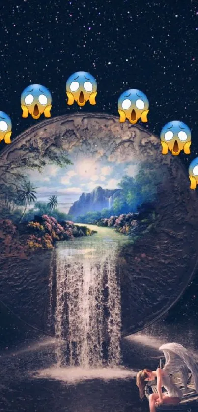 Dreamy cosmic wallpaper with a waterfall and night sky.