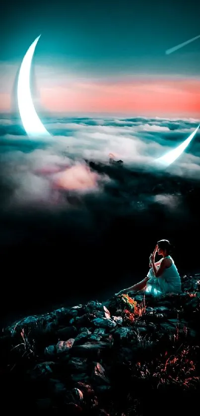 Woman gazing at two crescent moons over a misty landscape.