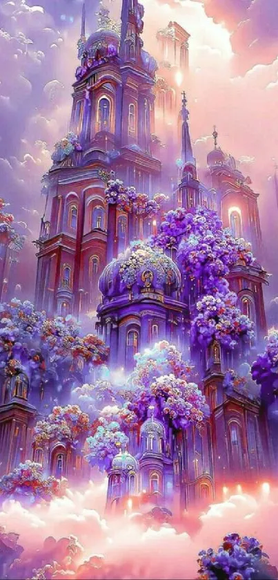 A majestic fantasy castle amid purple clouds.