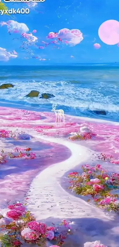 Fantasy coastal scene with pink sand and ocean backdrop.