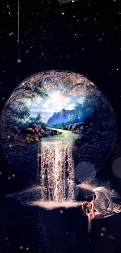 Fantasy wallpaper with stars, waterfall, and dreamlike landscape.