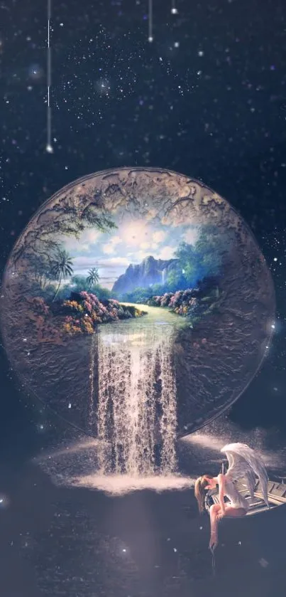 Surreal cosmic waterfall with fantasy landscape and starry night sky.