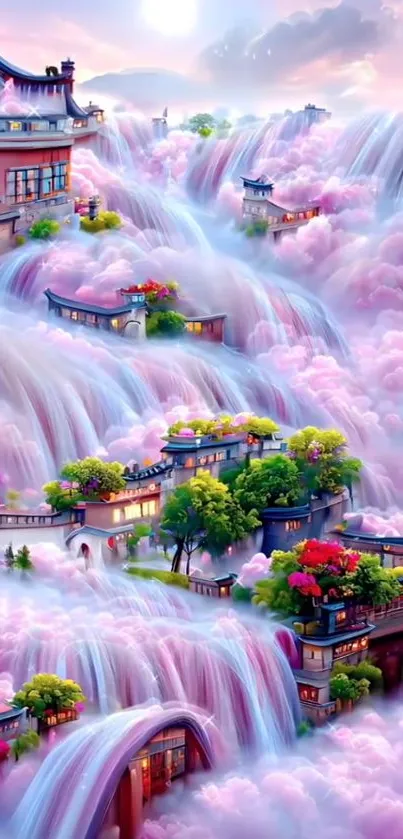 Dreamlike fantasy waterfall scene with lush greenery and clouds.