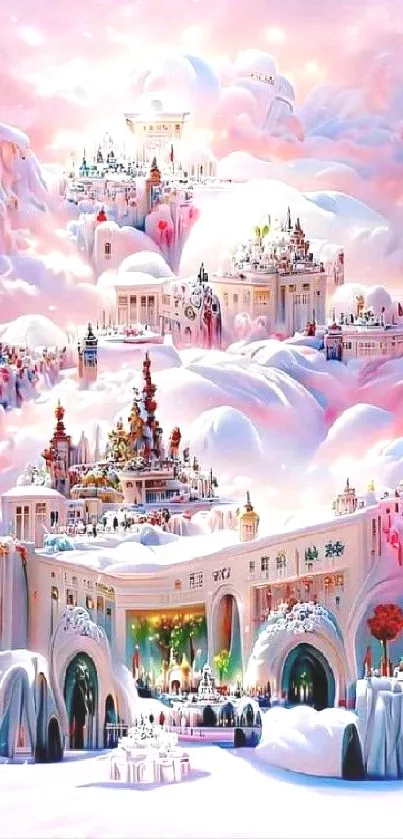 Dreamlike fantasy kingdom amidst pastel clouds.