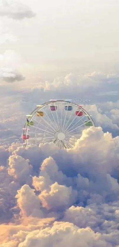 Dreamy Ferris wheel floating among clouds at sunset.