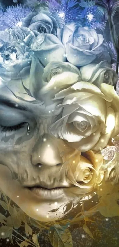 Surreal floral face art with dreamlike elements.