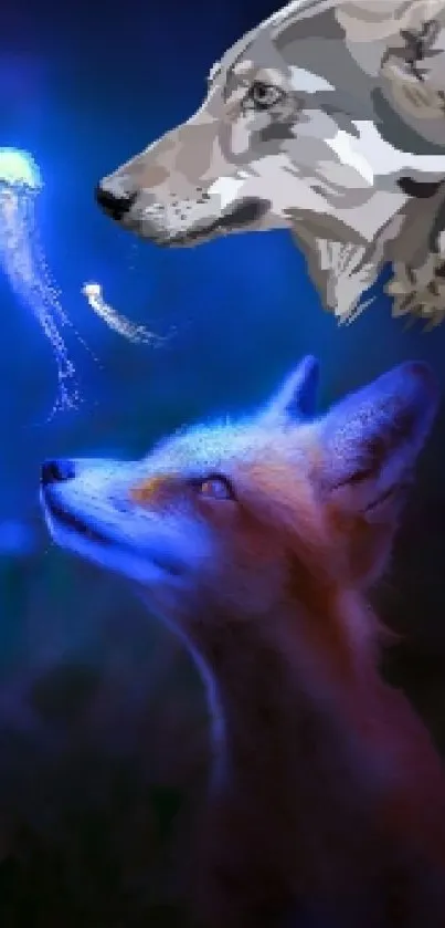 A digital artwork of a fox, wolf, and glowing jellyfish in dark blue.