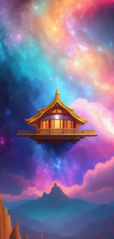 Floating temple with galaxy background art.