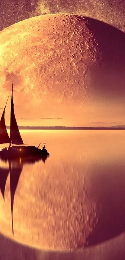 Surreal moon reflection with sailboat on serene waters at dusk.