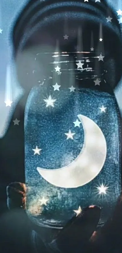 Glowing moon and stars in a jar against a dark blue, dreamy background.