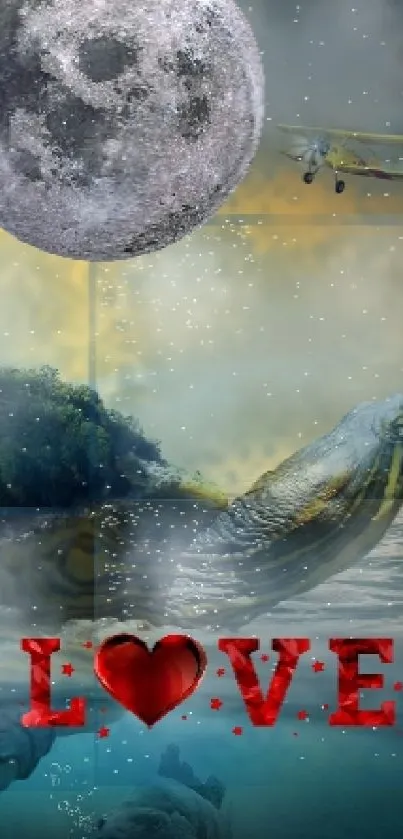 Fantasy ocean landscape with volcano, moon, turtle, and love motif.