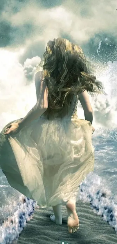 A girl walking on a mystical ocean pathway with waves crashing around.