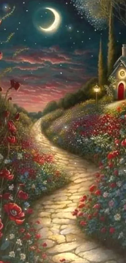 Whimsical floral path under crescent moonlit night sky.