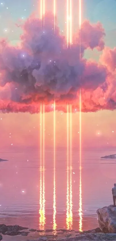 Surreal wallpaper with a glowing cloud over a serene sea scene.