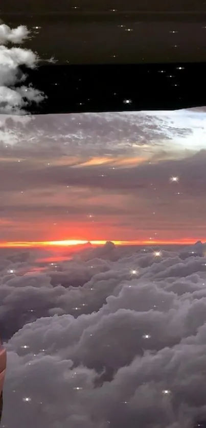 Car window view of a sunset above the clouds, creating a dreamlike scene.