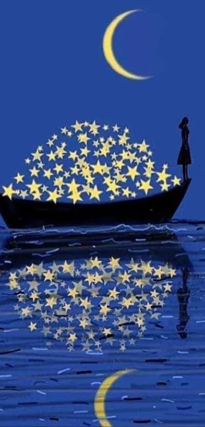 Dreamlike boat with stars under a crescent moon in a serene blue night sky.