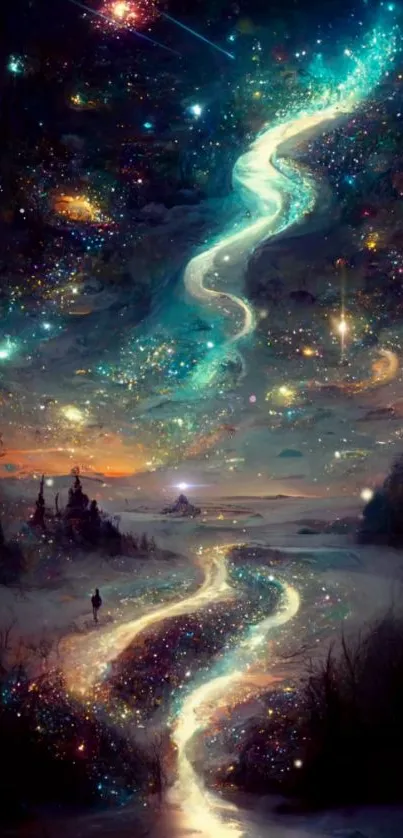 Dreamlike night sky with luminous stars and celestial path in a magical landscape.