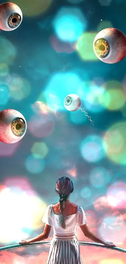 A surreal mobile wallpaper with floating eyes in a colorful, dreamy sky scene.